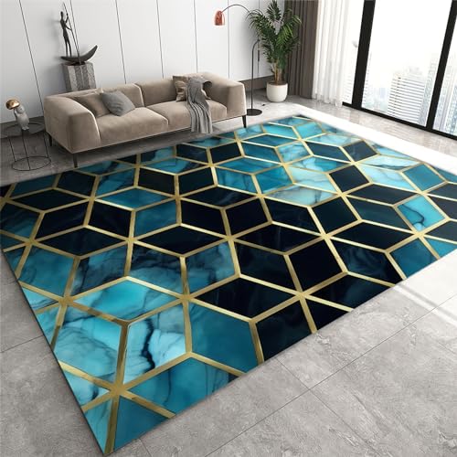 Moderner Blauer Marmorteppich mit Farbverlauf, luxuriöse Teppiche mit geometrischem Indigomuster, weicher, zarter Teppich aus kurzem Plüsch, der Nicht abfällt, für ältere Kinder und Haustiere-120 x von KDOQ