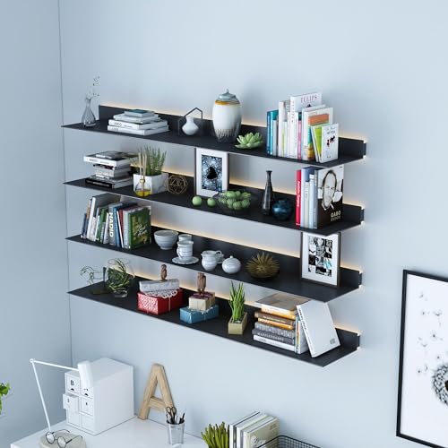 Schwebendes Bücherregal aus Metall mit integriertem beleuchtetem LED-Licht, modernes Lackregal zur Wandmontage, schwebender Aufbewahrungs-Home-Deko-Organizer, Beleuchtungsregal für von KDOQ