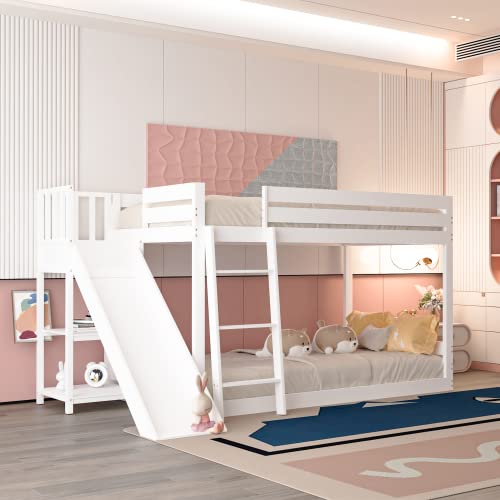 KEEPREAPER Etagenbett Hochbett 90x200 für 2 Kinder mit Rutsche, Treppe und Regale, Kinderbett mit Rausfallschutz und Lattenrost, Hausbett mit Stauraum, Kieferholz, Weiß von KEEPREAPER