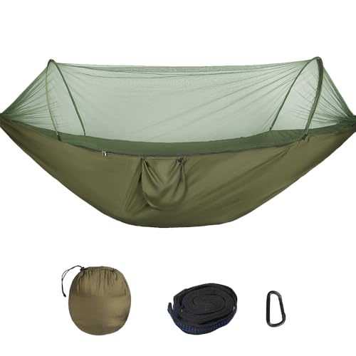 KEESIN Outdoor Hängematte,Camping Hängematte mit Moskitonetz Hängematte Tragbare Hängematte Ultra-Leichte Reise Camping mit 2 Premium-Karabinern, 2 Stück 2 m Nylonschlingen(Armeegrün) von KEESIN