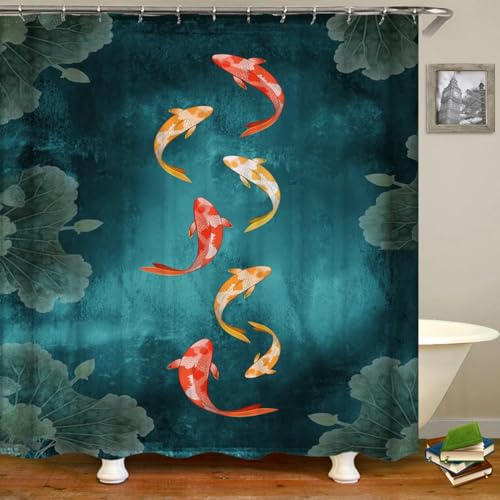 KEPPD Chinesischer Tuschmalerei-Blumen-Fisch-Duschvorhang, XXL-Badevorhänge, wasserdichtes Badezimmer mit 12 Haken, 3D-Druck-Dekor, Badvorhang, 120 x 200 cm (47 x 79 Zoll), Duschvorhang von KEPPD