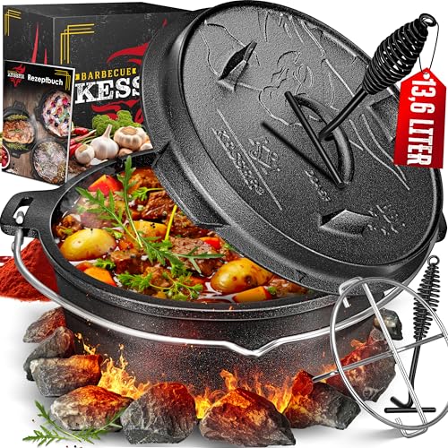 KESSER® Dutch Oven Set BBQ 12 Liter, Feuertopf Schmortopf mit Edelstahluntersetzer, Gusseisen Topf mit Deckelheber Henkel und Schlitz für Themormeter, kochkessel Grilltopf für Oudoor & Indoor von KESSER