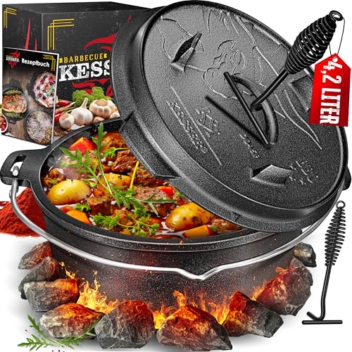 KESSER® Dutch Oven Set BBQ 4,2 Liter, Feuertopf Schmortopf mit Füßen, Gusseisen Topf mit Deckelheber Henkel und Schlitz für Themormeter, kochkessel Grilltopf Gulaschkessel für Oudoor & Indoor von KESSER