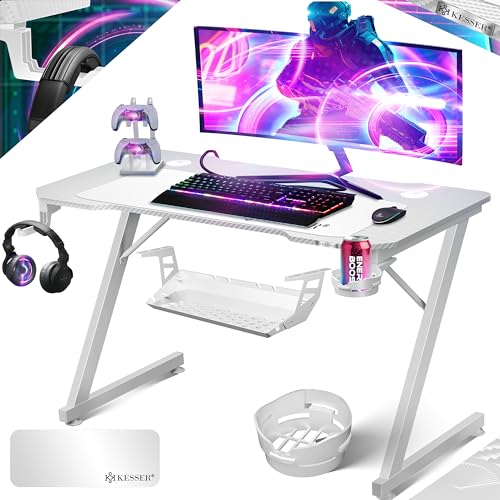 KESSER® Gaming Tisch 100cm x 60cm | Z-Form Gamer Schreibtisch | Kopfhörerhaken & Kohlebeschichtung | Ergonomischer PC Computertisch | Stabiler Tisch mit Getränkehalter Weiß von KESSER