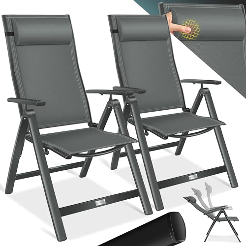 KESSER® Gartenstuhl Hochlehner mit Armlehnen 2er Set | Aluminium Klappstuhl inkl. Kopfkissen Campingstuhl 7-Fach Verstellbar Rückenlehne | Atmungsaktiv & Wetterfest | Klappbar & Anti-Rutsch Anthrazit von KESSER