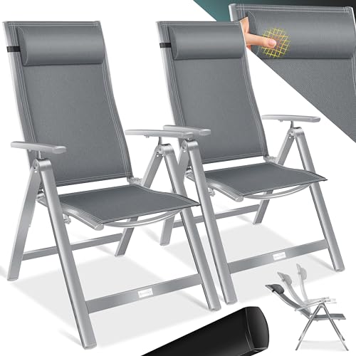 KESSER® Gartenstuhl Hochlehner mit Armlehnen 2er Set | Aluminium Klappstuhl inkl. Kopfkissen Campingstuhl 7-Fach Verstellbar Rückenlehne | Atmungsaktiv & Wetterfest | Klappbar & Anti-Rutsch Hellgrau von KESSER