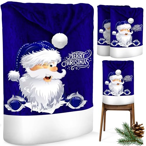 KESSER® Premium Weihnachtsstuhlüberzug 2er Set Stuhlhussen für Weihnachten Nikolausmütze Stuhlbezug Husse Weihnachtsdeko für Stühle Überzieher - Stuhlabdeckung im weihnachtlichen Design, Blau / Weiß von KESSER