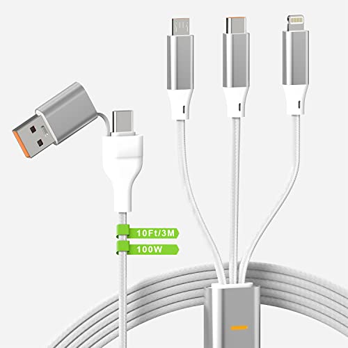 100W USB C auf Multi-Ladekabel, 10Ft USB C/A auf mehrere Ladekabel [Apple MFi Certified] Ladekabel mit Typ C+Micro USB+Lightning Connector Ladegerät für iPhone/Pad/Laptop von KETAKY Plus