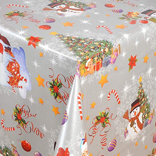 KEVKUS Wachstuch Tischdecke Meterware 01188-02 Weihnachtsmann Schneemann Tannenbaum Weihnachten Silber wählbar in eckig rund oval (Rand: Borte (gehäkelte Bordüre), 100 x 140 cm eckig) von KEVKUS