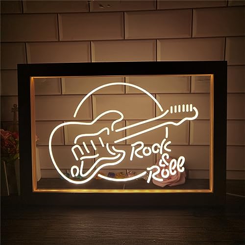 KEYQEEN Rock & Roll LED-Neonschild, Gitarre USB RGB 7 Farben dimmbarer Holz-Fotorahmen, Tischlampe, Schreibtisch-Neonlichter,42x32cm von KEYQEEN