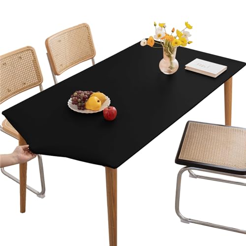 Tischdecke Abwischbare Tischdecke, Wasserdicht Elastische PVC Fitted Vinyl Tischabdeckung Schutz Rechteckig, Für Küche Indoor Outdoor Picknick Camping (Schwarz,80X120CM) von KFDZSW