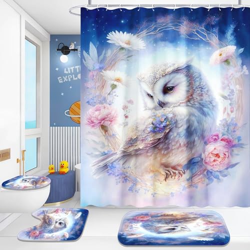 KIDSLOVE Eule Duschvorhang-Sets Aquarell Eule Duschvorhang 180x200 Cartoon Eule Textil Duschvorhänge Polyester Badezimmerteppich 4-teiliges Set Mit 12 Ringen (1,200×240cm) von KIDSLOVE