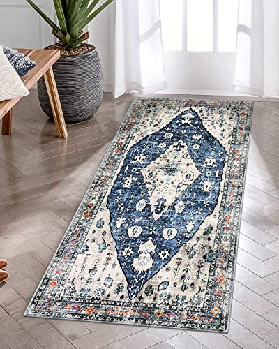 KIMODE Boho Tribal Teppich Läufer Flur,60 x 130cm Blau Waschbarer Bohemian Kurzflor Küchenteppich,Weich rutschfest Schlafzimmer Teppiche Für Küche Eingangsbereich Badezimmer Waschküche von KIMODE