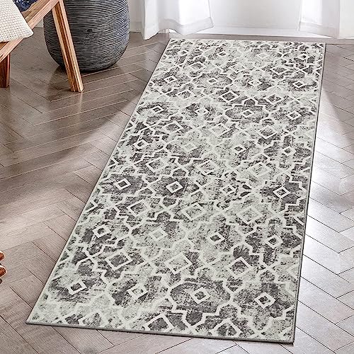 KIMODE Marokkanisch Geometrisch Teppich Läufer 60x130cm, Weich rutschfest Waschbarer Kunstwolle Modern Kurzflor Grau Küchenteppich,Für Flur Schlafzimmer Küche Eingangsbereich von KIMODE