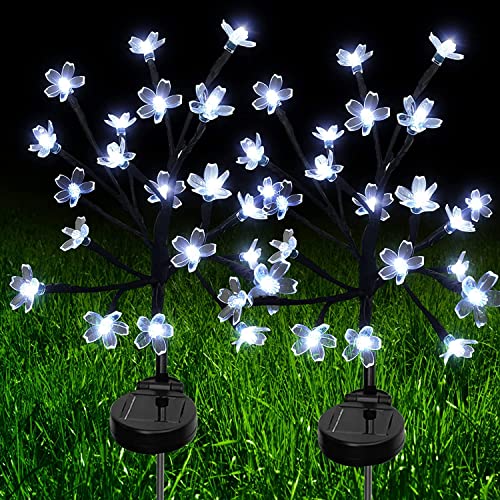 KINGCOO 2Stück Solarleuchte Blumen für Außen, Wasserdicht 20LED Pfirsichblüte Kirschblüte Lichterkette Solar Pfahllichter 2Modi Beleuchtung für Garten Hof Hochzeit Party Weihnachten Deko(Weiß) von KINGCOO