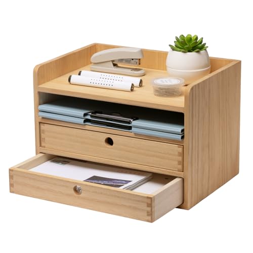 KIRIGEN Wood Desktop Organizer mit Schubladen Home Workspace Office Supplies Wooden Storage Box Shelf Case Hold Makeup Box mit 2 Schubladen und 1 Regal Natur von KIRIGEN