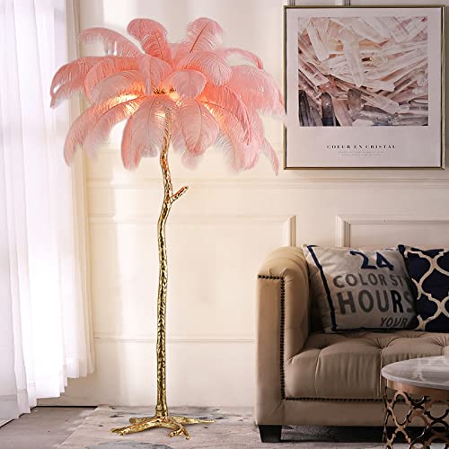 KISFWIU Stehlampe, Straußenfederlampe mit 35 Federn, Goldener Lampenmast aus Harz, große Stehlampe, geeignet für Schlafzimmer und Wohnzimmer, 170 x 110 cm (pink) von KISFWIU