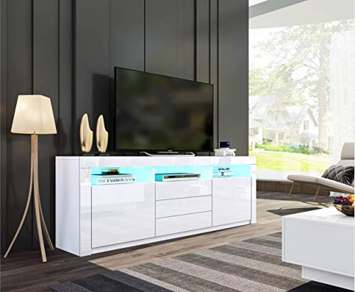 Sideboard Aufbewahrungsschrank Weiß Hochglanz TV Board mit 2 Türen und 3 Schubladen für Wohnzimmer Esszimmer Wohnmöbel 160 x 35 x 72cm von KJHALEDQOEWR10