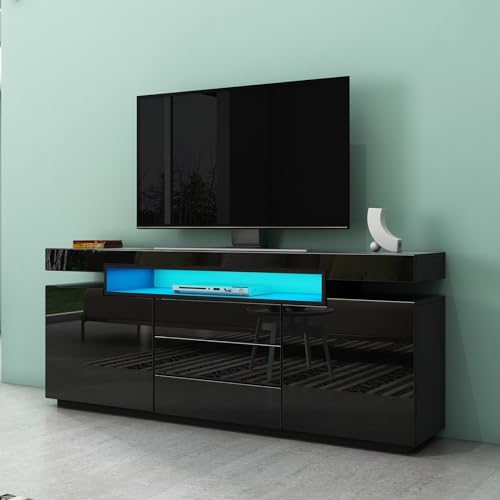 Modernes LED Sideboard TV Schrank Kommode mit 2 Türen und 3 Schubladen Hochglanz für Wohnzimmer Esszimmer Schwarz 160 x 35 x 72cm von KJHALEDQOEWR9