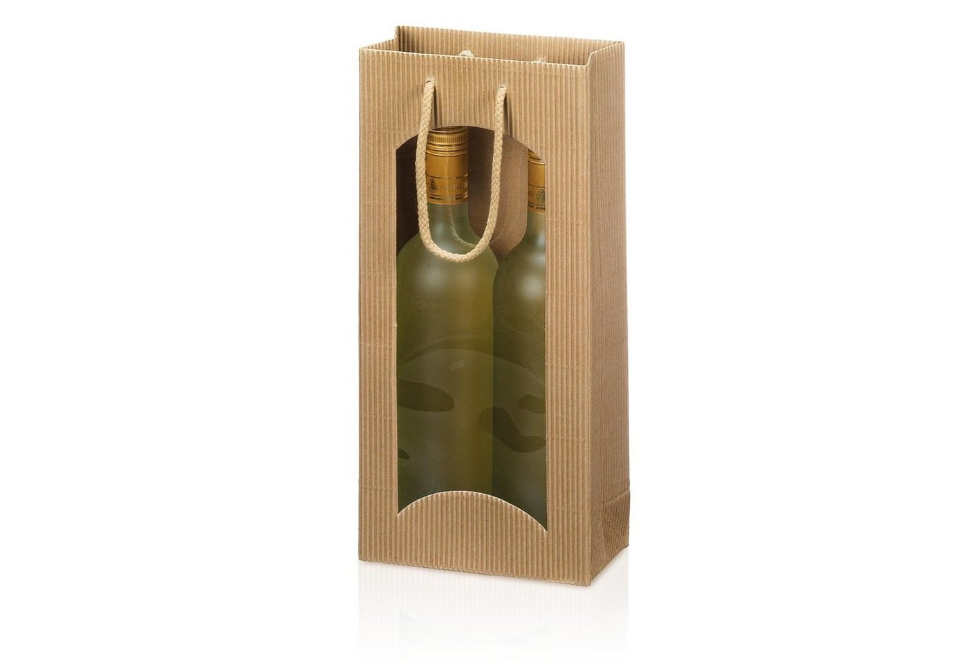 KK Verpackungen Geschenkbox (20 St), 20 x Tragetasche Geschenktüte für 2 Flaschen 170x85x360 mm offene Welle Fenster Natur von KK Verpackungen