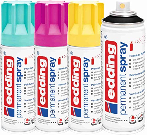 Permanent Spray 4x200ml edding 5200 Cmyk-Set - Turquoise - Telemagenta - Gelb - Schwarz, Acryllack - Matt zum Lackieren & Dekorieren von KLAMOTTEN STORE