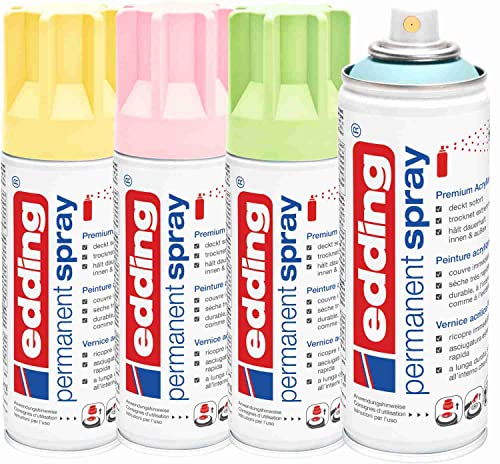 Permanent Spray edding 5200 Pastell-Set 4x200ml, Grün, Blau, Rosa, Gelb - Acryllack - Lackieren & Dekorieren von Glas, Metall, Holz, Keramik, Kunststoff, Leinwand, Farbsprühdosen von KLAMOTTEN STORE