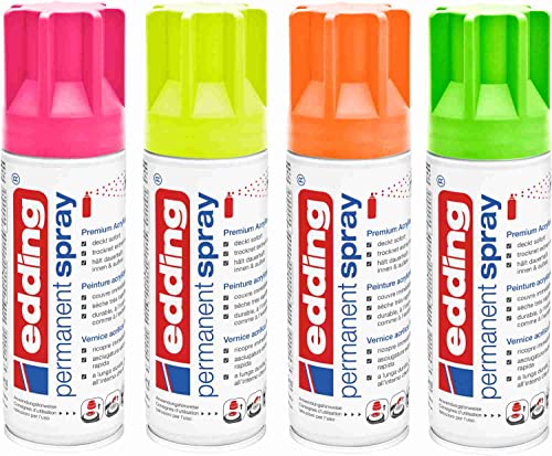 Permanent Spray edding 5200 neon-pink-gelb-orange-grün 4x200ml Set - Acryllack Lackieren & Dekorieren von Glas, Metall, Holz, Keramik, Kunststoff, Leinwand, Farbsprühdosen von KLAMOTTEN STORE