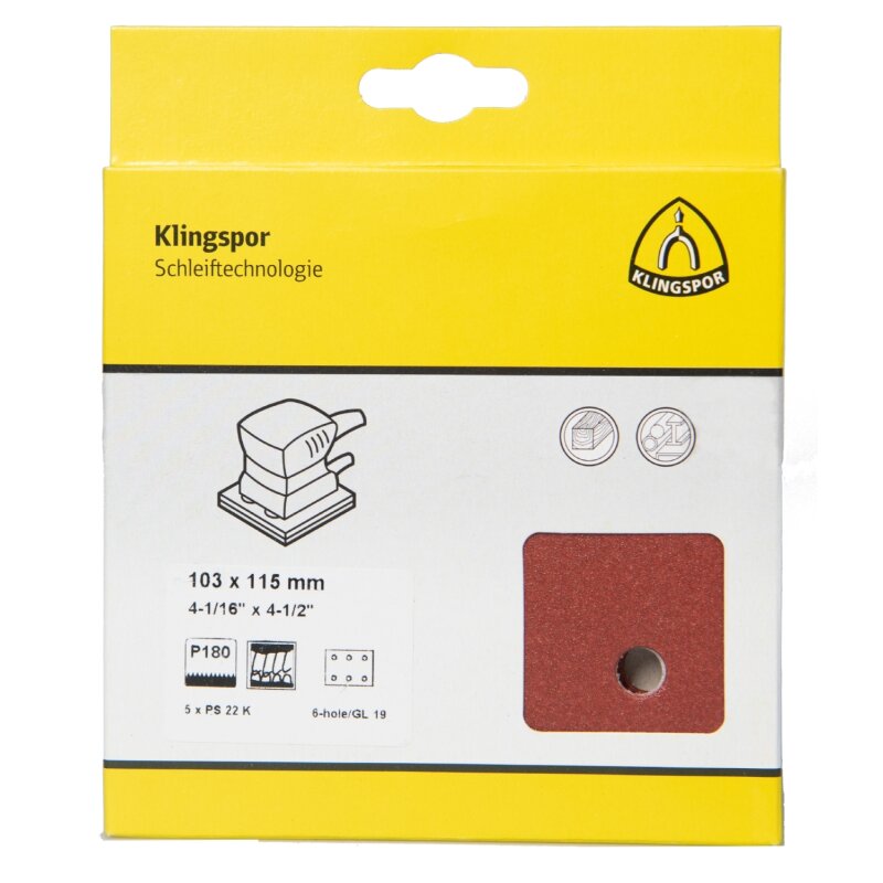 Schleifstreifen PS 22 K kletthaftend für Holz, Metall 103 x 115 mm Körnung 80 Lochform GL19 - 5 Stück Schleifstreifen PS 22 K kletthaftend für Holz, Metall 103 x 115 mm Körnung 80 Lochform GL19 - 5 Stück von Klingspor AG