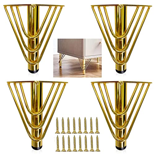 KMERCE 4pcs Möbelfüße Metall Gold 18cm, Schrankfüsse, Kommodenfüße, Sofa füße, Füße für möbel, Tischbeine für Couchtisch, Sofa, TV-Schrank, Bett, Sideboard, Mit Schrauben+Anti-Rutsch Stummschaltbasis von KMERCE