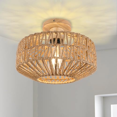 KMaiPem Boho Rattan Deckenlampe Wohnzimmer, 1 Licht Handgewebter Klein Deckenleuchte Schlafzimmer, Natürliche Bauernhaus Holz Deckenleuchten für Küche, Eingangsbereich, Flur von KMaiPem