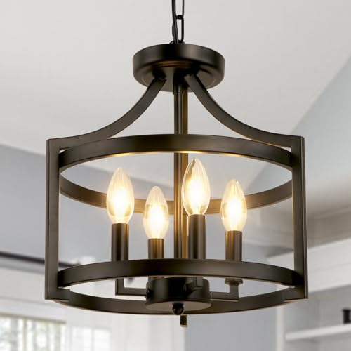 KMaiPem Modern Schwarz Kronleuchter Umwandelbare Deckenlampe Wohnzimmer, 4 Lichter Rustikal Vintage Deckenleuchte, Höhenverstellbare Bauernhaus Landhaus Hängelampe Schlafzimmer, Pendelleuchte flur von KMaiPem