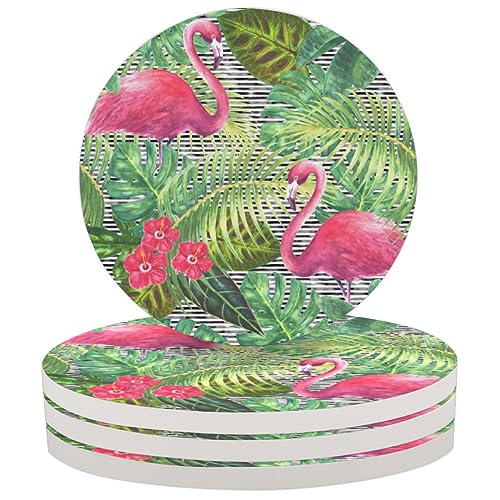 Flamingo gestreifte Blätter Untersetzer für Getränke, Set mit 4 saugfähigen Keramikuntersetzern mit Korkboden für Esstisch, Couchtisch, Zuhause, Bar, 10,2 cm von KOBLEN