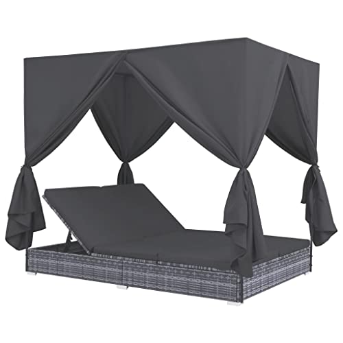 KOIECETA Sonnenliege mit Vorhängen Gartenliege Lounge Doppelliege Relaxliege Sonnenbett Doppelbett Gartenmöbel Liege Liegestuhl Poly Rattan (Grau) von KOIECETA