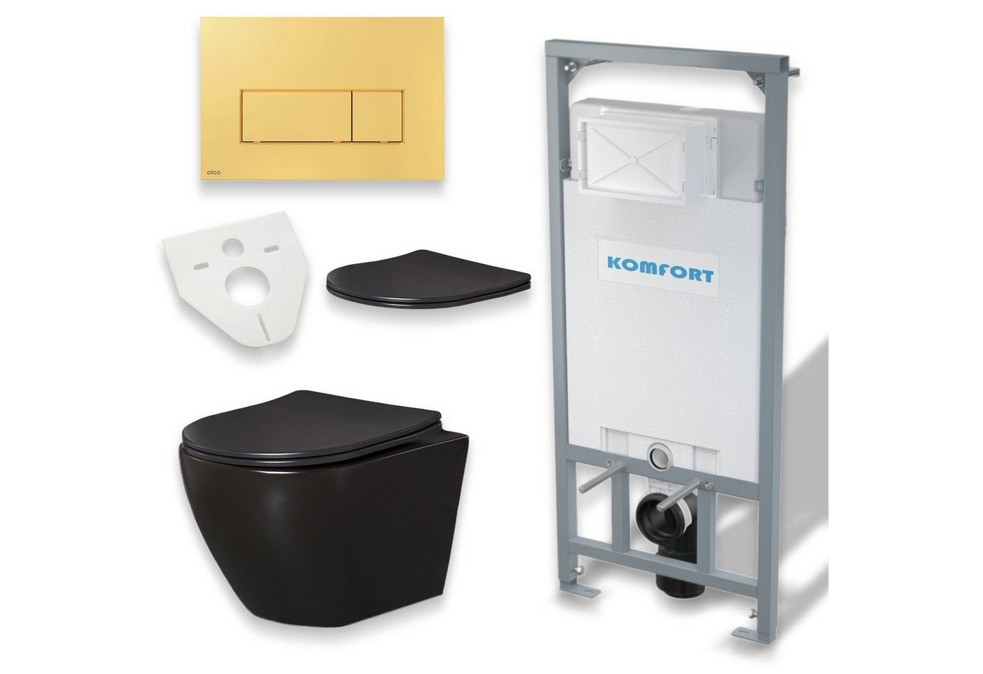 KOLMAN Vorwandelement WC SET: Wand-WC Delos Schwarz + C201 + Betätigungsplatte Gold, 9 l, inkl. Slim WC-Sitz mit Soft-close und Schallschutzmatte von KOLMAN