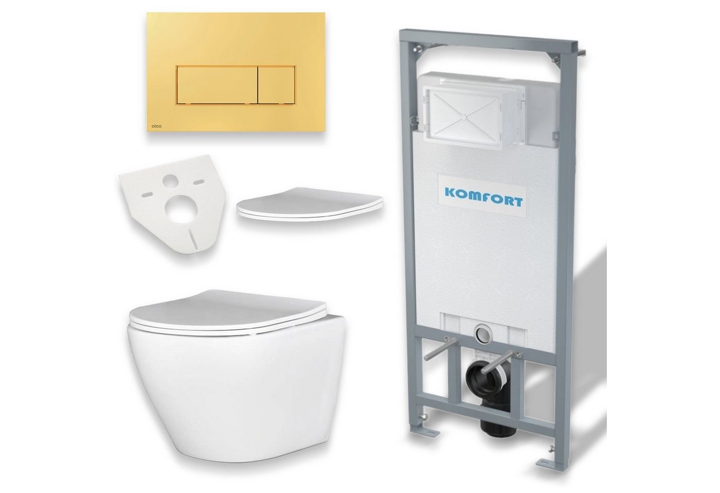 KOLMAN Vorwandelement WC SET: Wand-WC Desna Weiß + C201 + Betätigungsplatte Gold, 9 l, inkl. Slim WC-Sitz mit Soft-close und Schallschutzmatte von KOLMAN