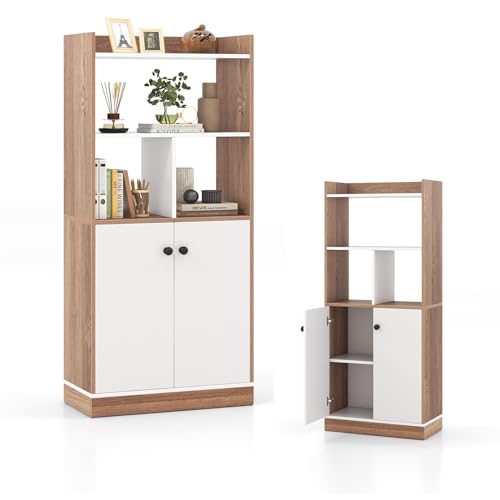 KOMFOTTEU Bücherregal aus Holz mit Türen, Wohnzimmerschrank Aufbewahrungssäule mit 2 offenen Regalen, Aufbewahrungsregal Aktenregal Standregal 60 x 30 x 140 cm, Weiß & Natur von KOMFOTTEU