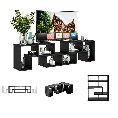 KOMFOTTEU Fernsehschrank Holz, TV-Schrank frei kombinierbar, TV Lowboard für TVs bis zu 65 Zoll, Multifunktionaler Bücherregal & TV-Kommode (Schwarz) von KOMFOTTEU