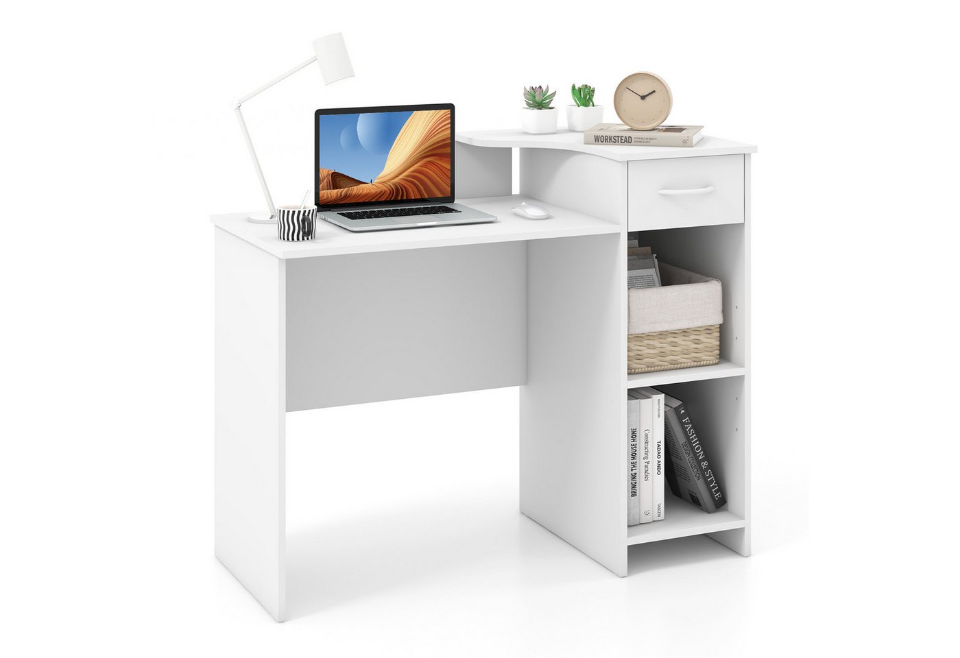 KOMFOTTEU Schreibtisch, Computertisch mit Schublade & 5-Fach verstellbarem Regal von KOMFOTTEU