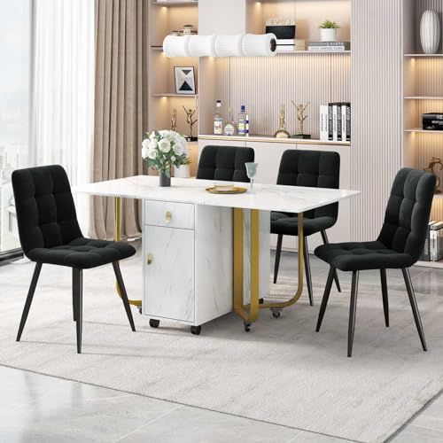 KOMHTOM 4 Schwarze Samtstühle mit weißem Tisch, modernes vielseitiges Esstisch und Stühle Set mit ausziehbarem esszimmertisch für Esszimmer Wohnzimmer (Weiß+Schwarz) von KOMHTOM