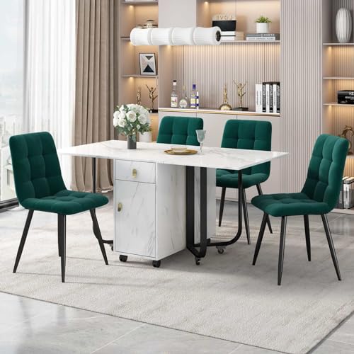 KOMHTOM 4 grüne Samtstühle mit weißem Tisch, modernes vielseitiges Esstisch und Stühle Set mit ausziehbarem esszimmertisch für Esszimmer Wohnzimmer (Schwarze Tischbeine + Grün) von KOMHTOM