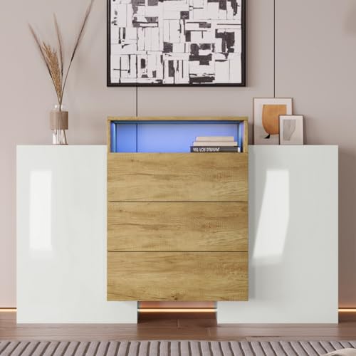 KOMHTOM Kommode in Weiß mit Holzimitat, Sideboard Aufbewahrungsschrank mit Zwei Türen und DREI Schubladen, Mehrzweckschrank für Schlafzimmer Wohnzimmer und Esszimmer (B) von KOMHTOM