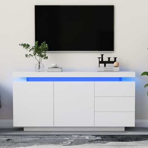 KOMHTOM LED weißer TV-Schrank, Kommode Sideboard mit Zwei Türen und DREI Schubladen, Mehrzweckschrank für Schlafzimmer und Wohnzimmer (B) von KOMHTOM