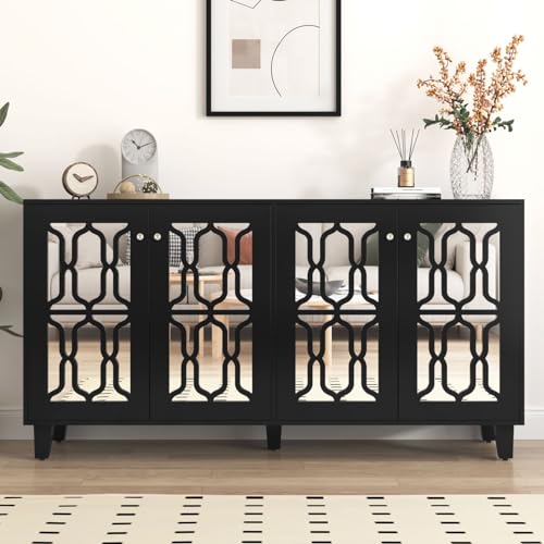 KOMHTOM Schwarze Küchenschränke mit 4 Türen,verspiegelte Anrichte herausnehmbare Trennwänden,Sideboard für Küche Esszimmer Wohnzimme (A) von KOMHTOM