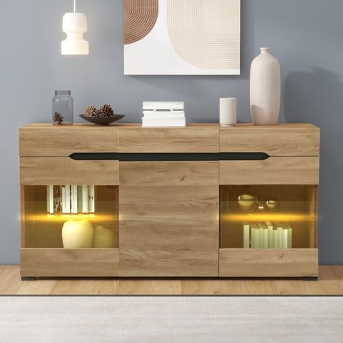 KOMHTOM Sideboard mit Glastüren in LED-Holzfarbe, Anrichte Kommode mit DREI Türen DREI Schubladen, Mehrzweckschrank für Wohnzimmer Schlafzimmer Esszimmer (C) von KOMHTOM