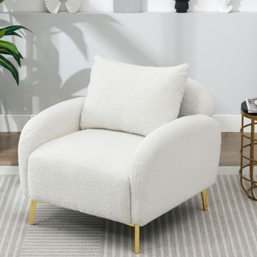 KOMHTOM Weiß/grüne Teddy Stuhl Sessel, Relaxsessel Loungesessel mit Kissen Lesesessel für Wohnzimmer Schlafzimmer (Weiß) von KOMHTOM