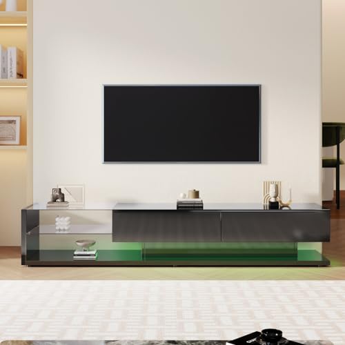 KOMHTOM Schwarzer TV Schrank mit Schubladen, Sideboard TV Ständer mit LED und Glasböden, Fernsehschrank für Wohnzimmer Schlafzimmer (Schwarz) von KOMHTOM