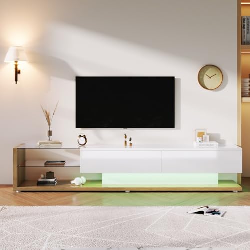 KOMHTOM Weißer TV Schrank mit Schubladen, Sideboard TV Ständer mit LED und Glasböden, Fernsehschrank für Wohnzimmer Schlafzimmer (Weiß+Holzfarbe) von KOMHTOM