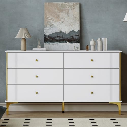 KOMHTOM Weiße minimalistische Kommode Sideboard, Aufbewahrungsschrank mit sechs geräumigen Schubladen, Mehrzweckschrank für Schlafzimmer Flur Wohnzimmer (B) von KOMHTOM