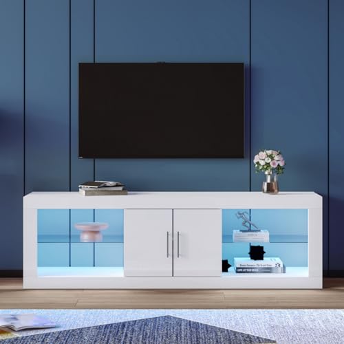KOMHTOM Weißer TV-Schrank Sideboard mit LED-Leuchten, Fernsehschrank mit Zwei Türen und Glaseinlegeböden Moderner Lowboard Fernseher Tisch (A, Weiß) von KOMHTOM