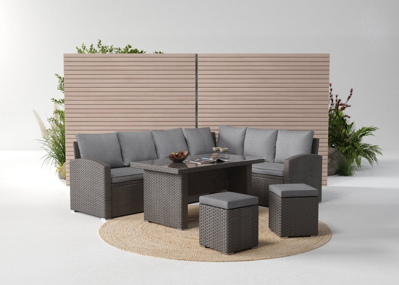 KONIFERA Gartenlounge-Set London, (Set, 17-tlg., 2x3er Sofa, 2x Hocker, 1x Tisch 140x80x66cm, inkl. Auflagen), inkl. Schutzhülle, Aluminium, Polyrattan von KONIFERA